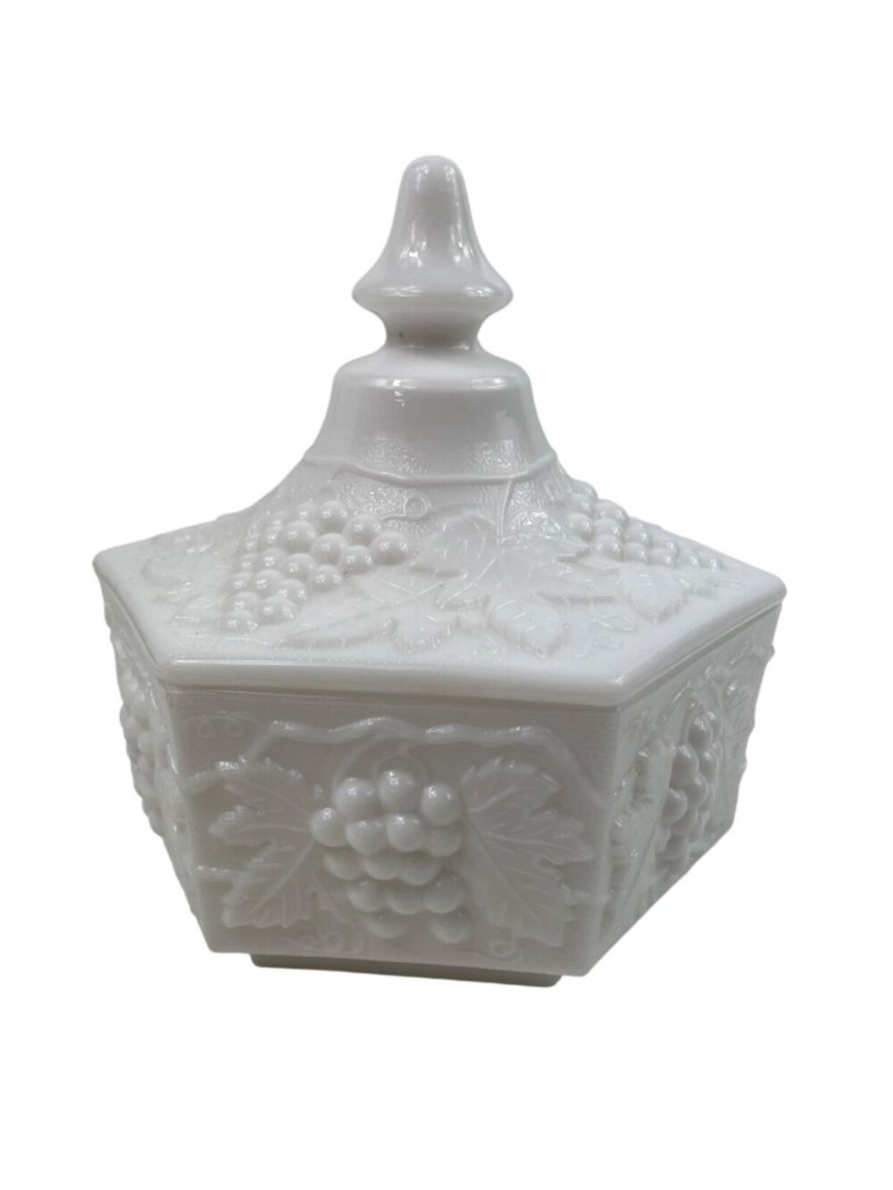 Vintage Imperial Milk Glass 6 Paneled Candy Dish Grapevine Design w/ Lid - Picture 2 of 8